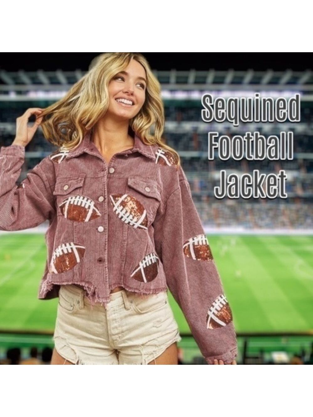 Sequined-FOOTBALL-Patch Lightweight Raw Hem Cropped Corduroy Mauve Jacket/LG